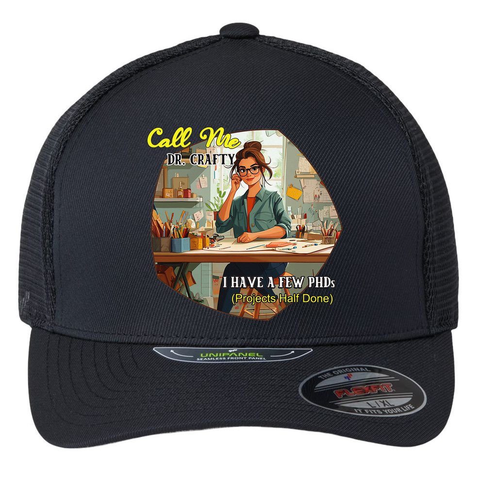 Call Me Dr Crafty Flexfit Unipanel Trucker Cap