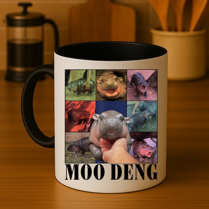 Colorful Moo Deng Retro Photo Hippo Mug
