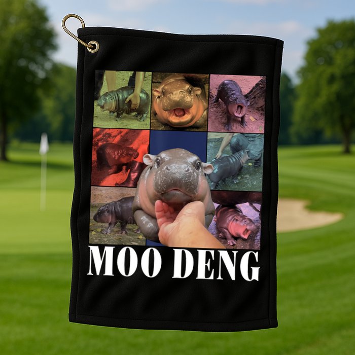 Colorful Moo Deng Retro Photo Hippo Golf Towel