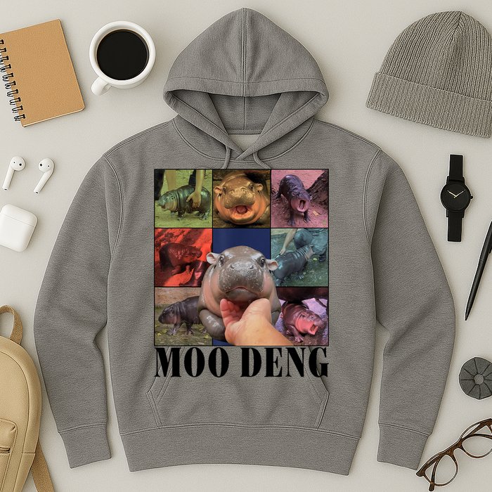Colorful Moo Deng Retro Photo Hippo Hoodie