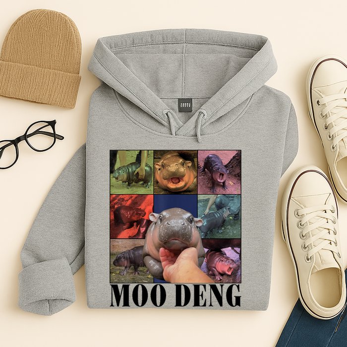 Colorful Moo Deng Retro Photo Hippo Hoodie