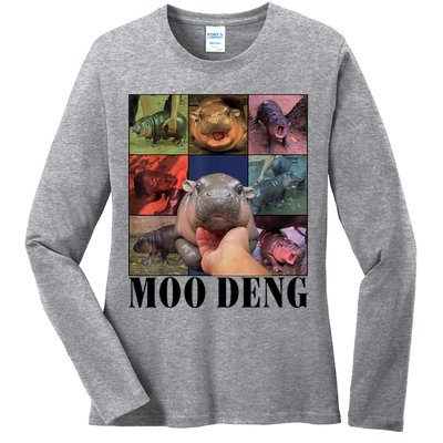 Colorful Moo Deng Retro Photo Hippo Ladies Long Sleeve Shirt