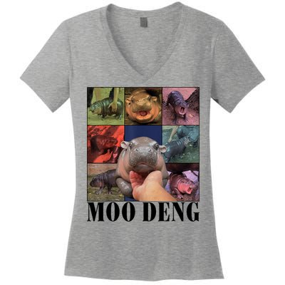 Colorful Moo Deng Retro Photo Hippo Women's V-Neck T-Shirt