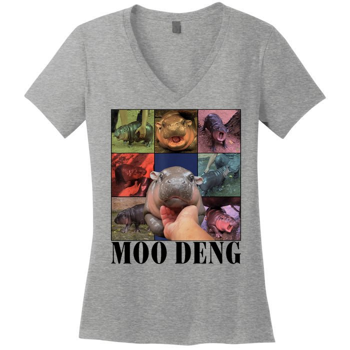 Colorful Moo Deng Retro Photo Hippo Women's V-Neck T-Shirt