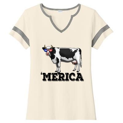 Cow Merica Dairy Farmer Funny Farm Animal Cool Gift Ladies Halftime Notch Neck Tee