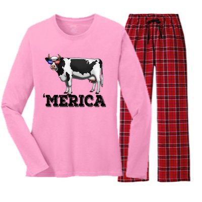 Cow Merica Dairy Farmer Funny Farm Animal Cool Gift Women's Long Sleeve Flannel Pajama Set 