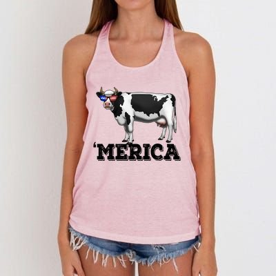 Cow Merica Dairy Farmer Funny Farm Animal Cool Gift Women's Knotted Racerback Tank