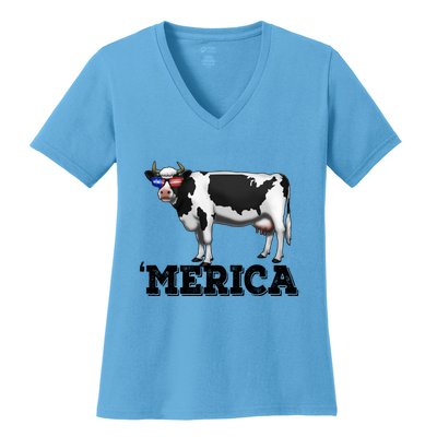 Cow Merica Dairy Farmer Funny Farm Animal Cool Gift Women's V-Neck T-Shirt