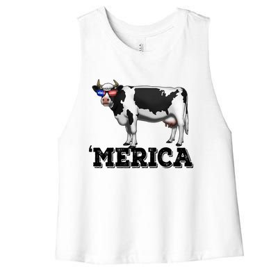 Cow Merica Dairy Farmer Funny Farm Animal Cool Gift Women's Racerback Cropped Tank