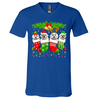 Cute Maltese Dog In Sock Christmas Santa Xmas Dog Gift V-Neck T-Shirt