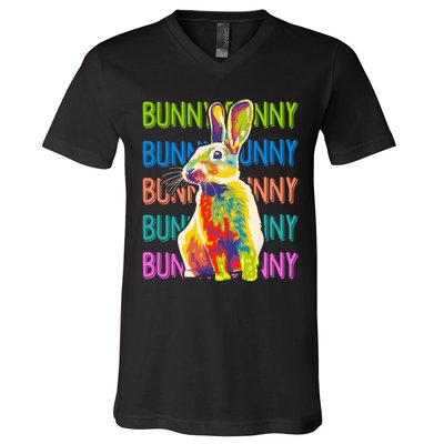 Cute Multicolor Easter Bunny Rabbit V-Neck T-Shirt