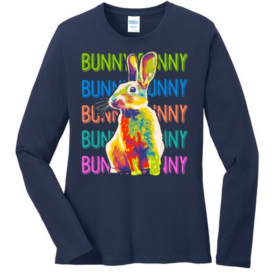 Cute Multicolor Easter Bunny Rabbit Ladies Long Sleeve Shirt