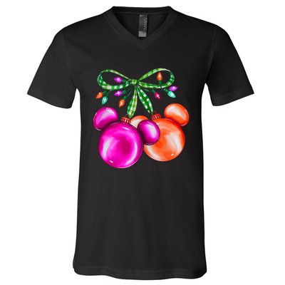 Christmas Mouse Ears Coquette Bow Holiday Festive Mouse Ears Coquette V-Neck T-Shirt