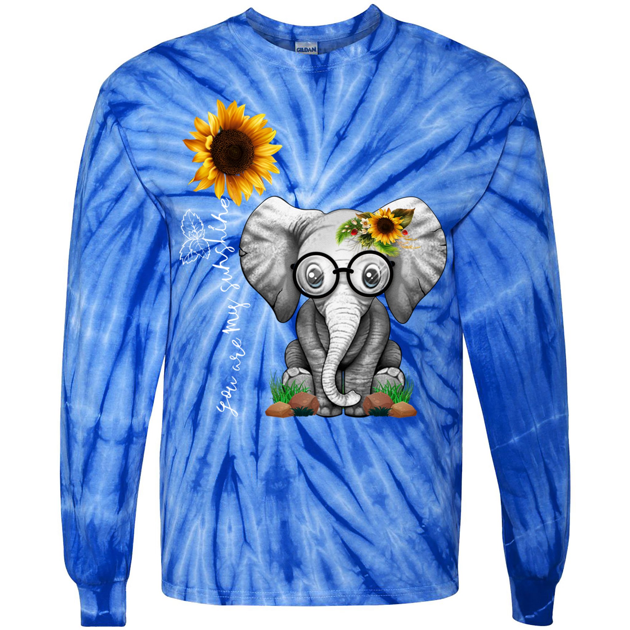 Cute Mama Elephant With Sunflower Gift You Are My Sunshine Gift Tie-Dye Long Sleeve Shirt