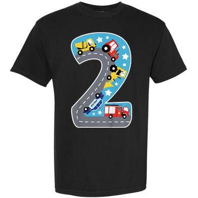 Construction Machines Fire Brigade Police 2nd Birthday Garment-Dyed Heavyweight T-Shirt