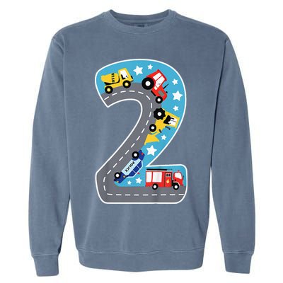 Construction Machines Fire Brigade Police 2nd Birthday Garment-Dyed Sweatshirt