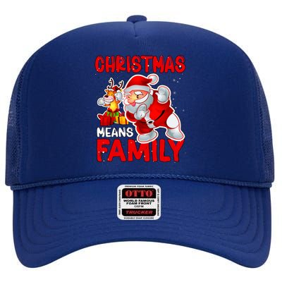 Christmas Means Family Santa Reindeer High Crown Mesh Back Trucker Hat