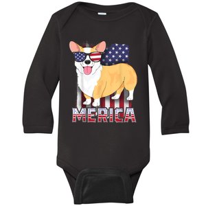 Corgi Merica For Kids Boy USA Flag 4th Of July Dog Baby Long Sleeve Bodysuit