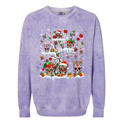 Colorful Mexican Floral Skulls On Christmas Tree Family Colorblast Crewneck Sweatshirt