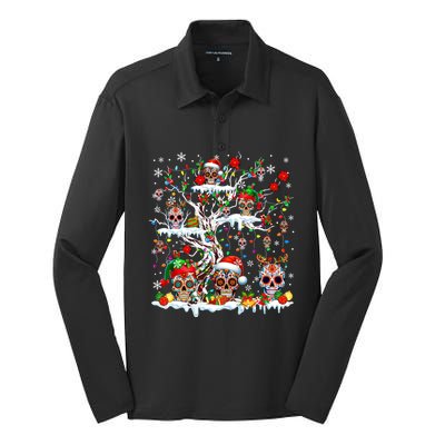 Colorful Mexican Floral Skulls On Christmas Tree Family Silk Touch Performance Long Sleeve Polo