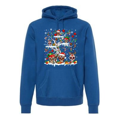 Colorful Mexican Floral Skulls On Christmas Tree Family Premium Hoodie