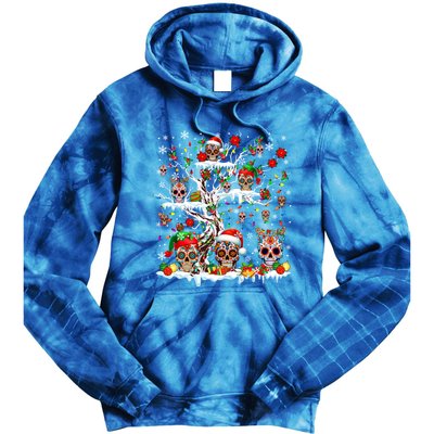 Colorful Mexican Floral Skulls On Christmas Tree Family Tie Dye Hoodie