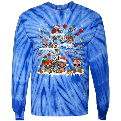 Colorful Mexican Floral Skulls On Christmas Tree Family Tie-Dye Long Sleeve Shirt