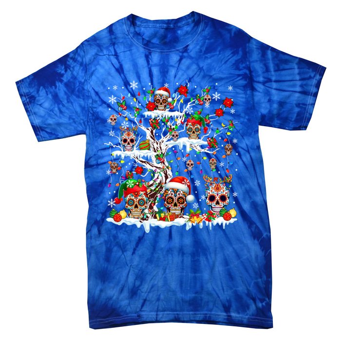 Colorful Mexican Floral Skulls On Christmas Tree Family Tie-Dye T-Shirt