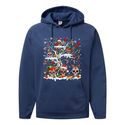 Colorful Mexican Floral Skulls On Christmas Tree Family Performance Fleece Hoodie