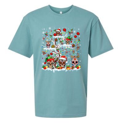 Colorful Mexican Floral Skulls On Christmas Tree Family Sueded Cloud Jersey T-Shirt