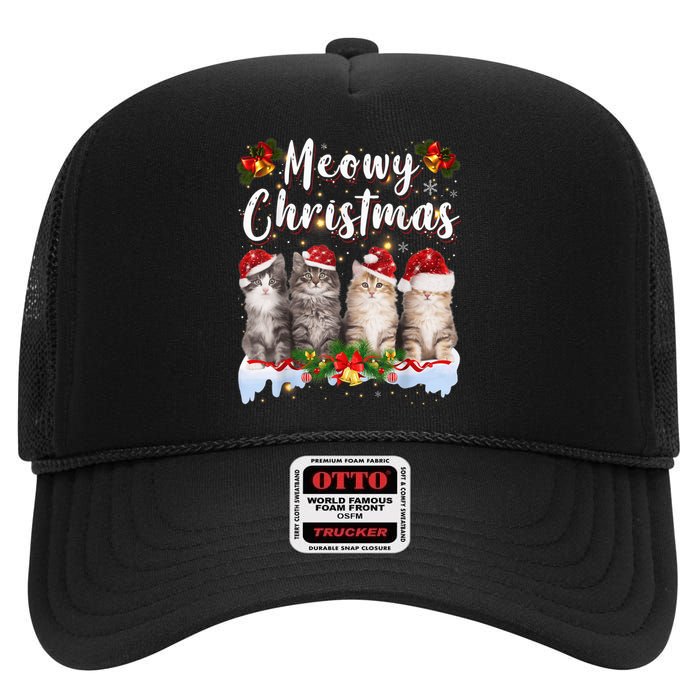 Cat Meowy Family Matching Christmas Pajamas Santa Cats Xmas High Crown Mesh Back Trucker Hat