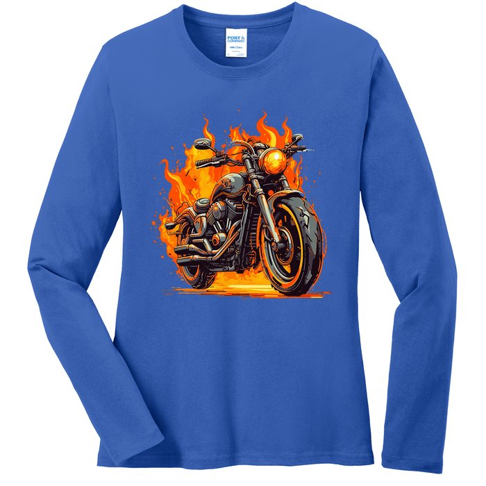 Cool Motorbike Flames And Burning Ladies Long Sleeve Shirt