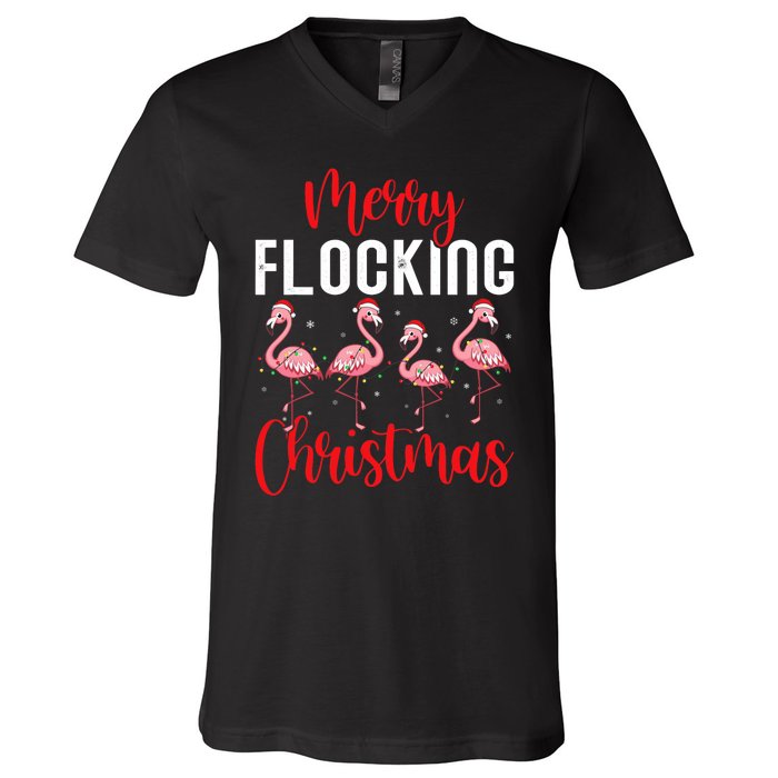 Christmas Merry Flocking Christmas Flamingo V-Neck T-Shirt