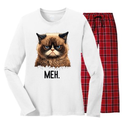 Cat Meh Funny Cat Lover Kitten Quotes Women Women's Long Sleeve Flannel Pajama Set 