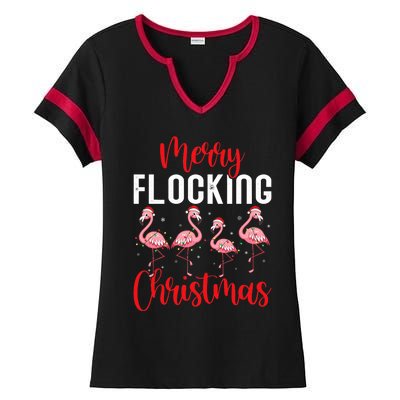 Christmas Merry Flocking Christmas Flamingo Ladies Halftime Notch Neck Tee