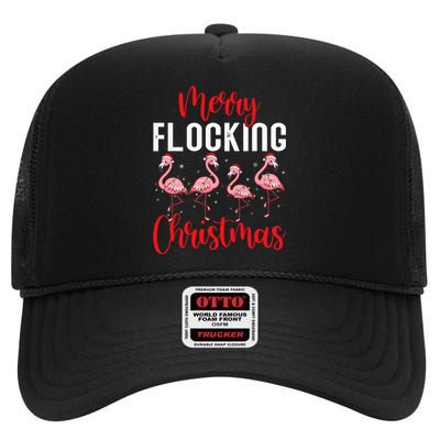 Christmas Merry Flocking Christmas Flamingo High Crown Mesh Back Trucker Hat