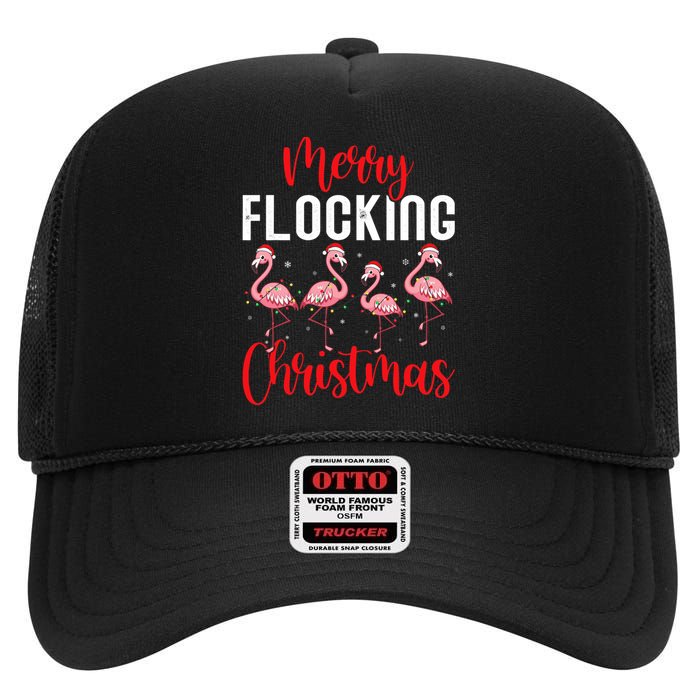 Christmas Merry Flocking Christmas Flamingo High Crown Mesh Back Trucker Hat