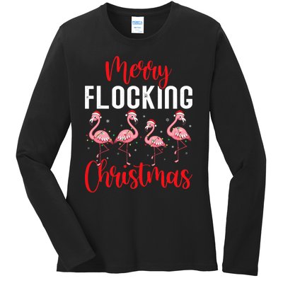 Christmas Merry Flocking Christmas Flamingo Ladies Long Sleeve Shirt