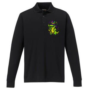 Cute Mardi Gras Alligator Performance Long Sleeve Polo