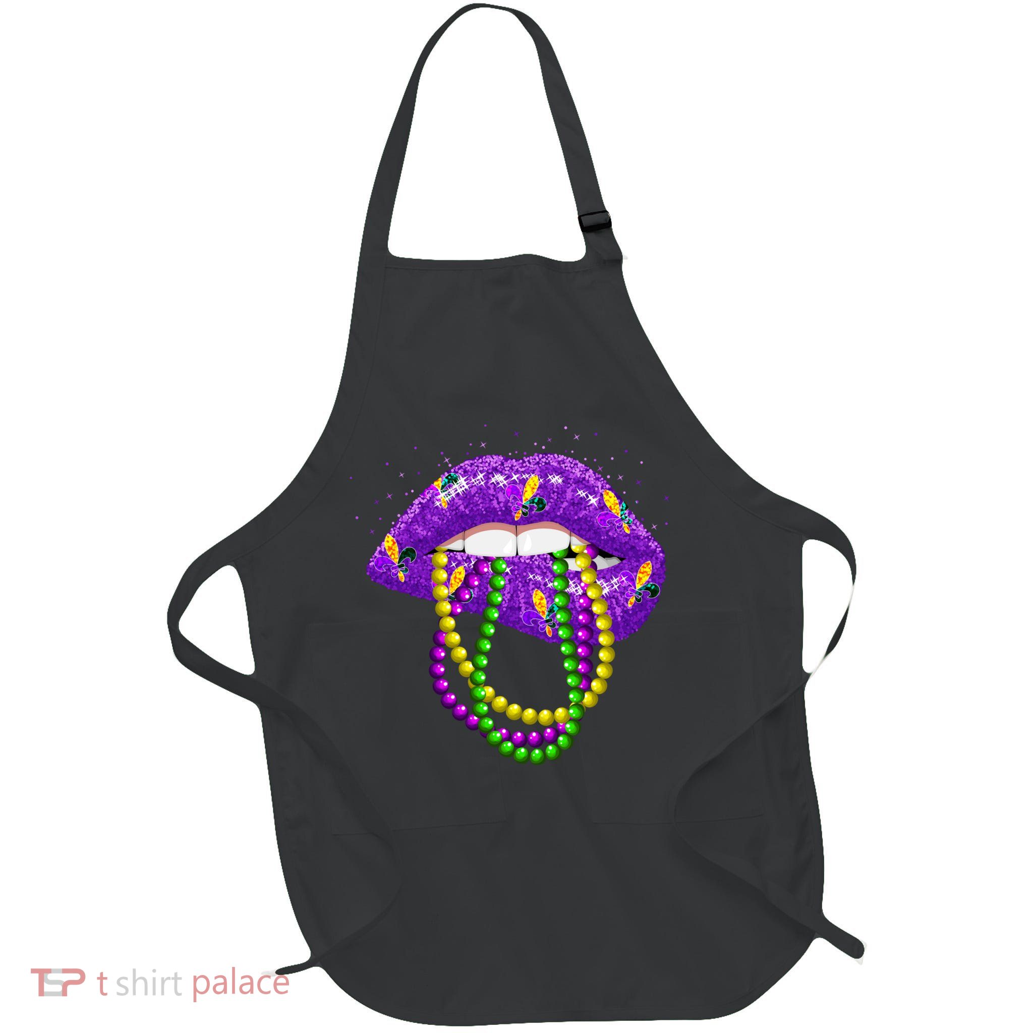 Cool Mardi Gras Glitter Lips Full-Length Apron With Pockets