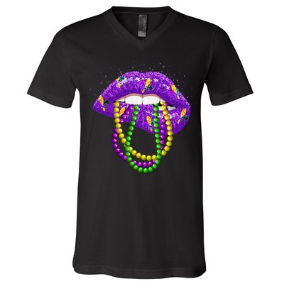 Cool Mardi Gras Glitter Lips V-Neck T-Shirt