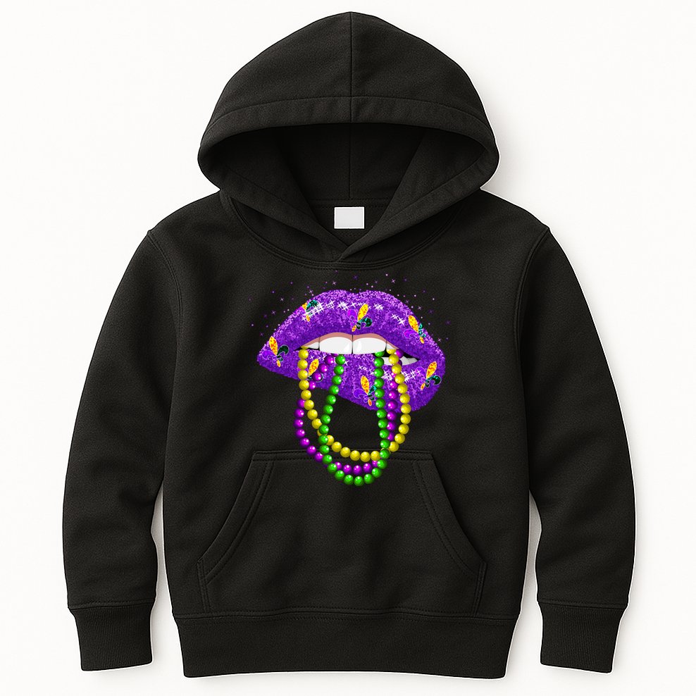 Cool Mardi Gras Glitter Lips Kids Hoodie