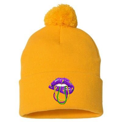 Cool Mardi Gras Glitter Lips Pom Pom 12in Knit Beanie