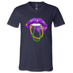 Cool Mardi Gras Glitter Lips V-Neck T-Shirt