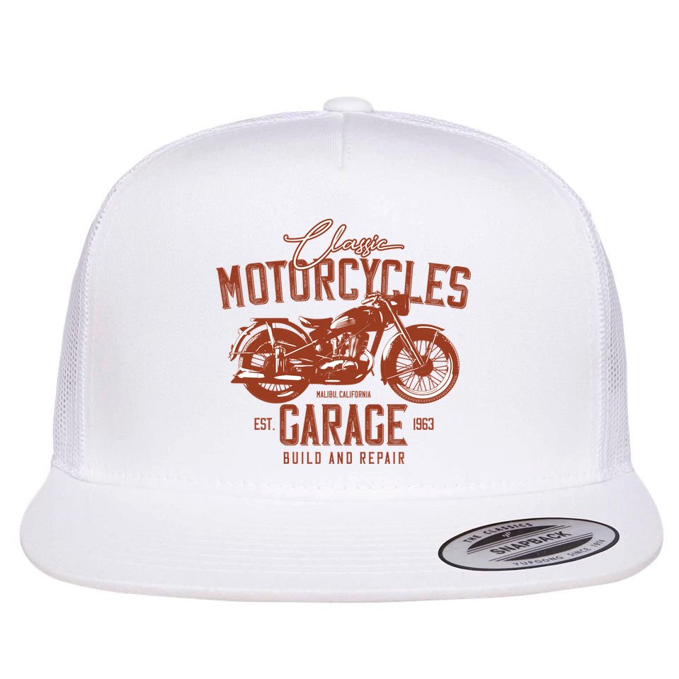 Classic Motorcycle Garage Flat Bill Trucker Hat