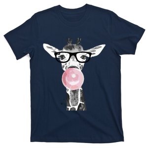 Cute Modern Giraffe With Glasses And A Pink Bubble Gum T-Shirt