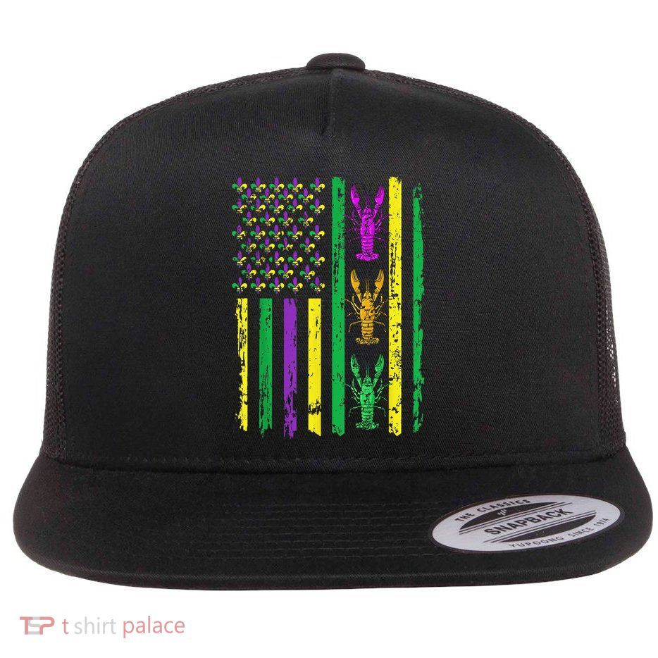Carnival Mardi Gras Usa American Flag Crawfish Parade Flatbill Hat