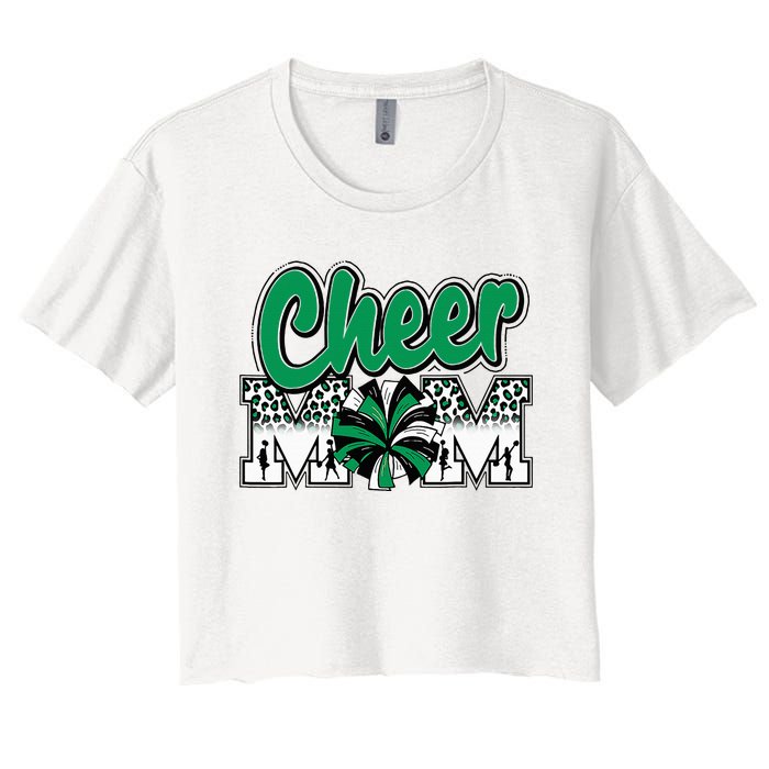 Cheer Mom Green Black White Leopard Letters Cheer Pom Poms Women's Crop Top Tee