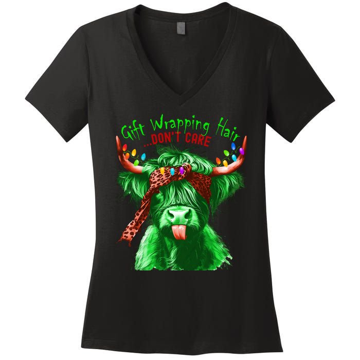 Cow Messy Hair DonT Care Christmas Eve Edition Women's V-Neck T-Shirt