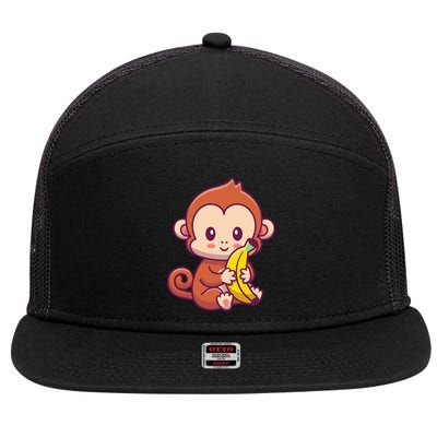 Cute Monkey Holding Banana Cartoon 7 Panel Mesh Trucker Snapback Hat